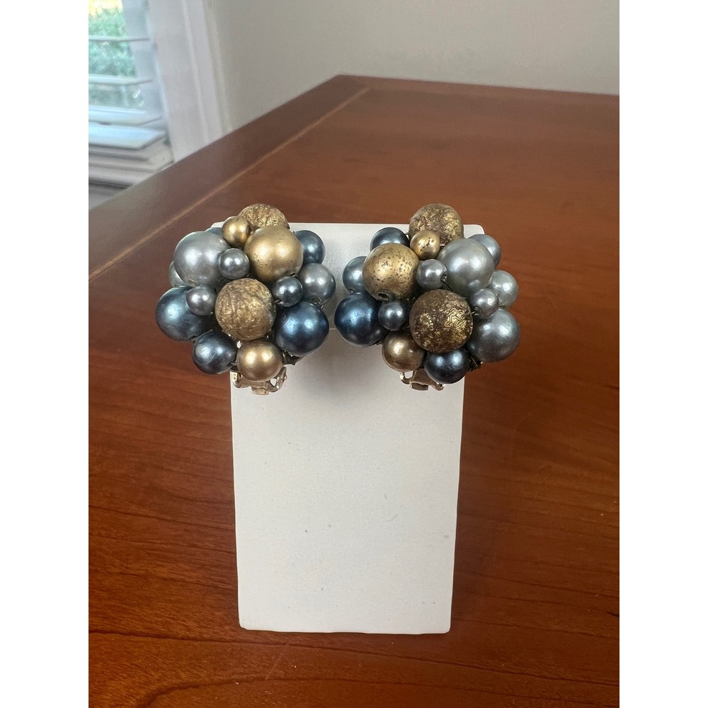 Vintage 1960s Japan Blue Grey Gold Faux Pearl Cluster Clip On Earrings Statement